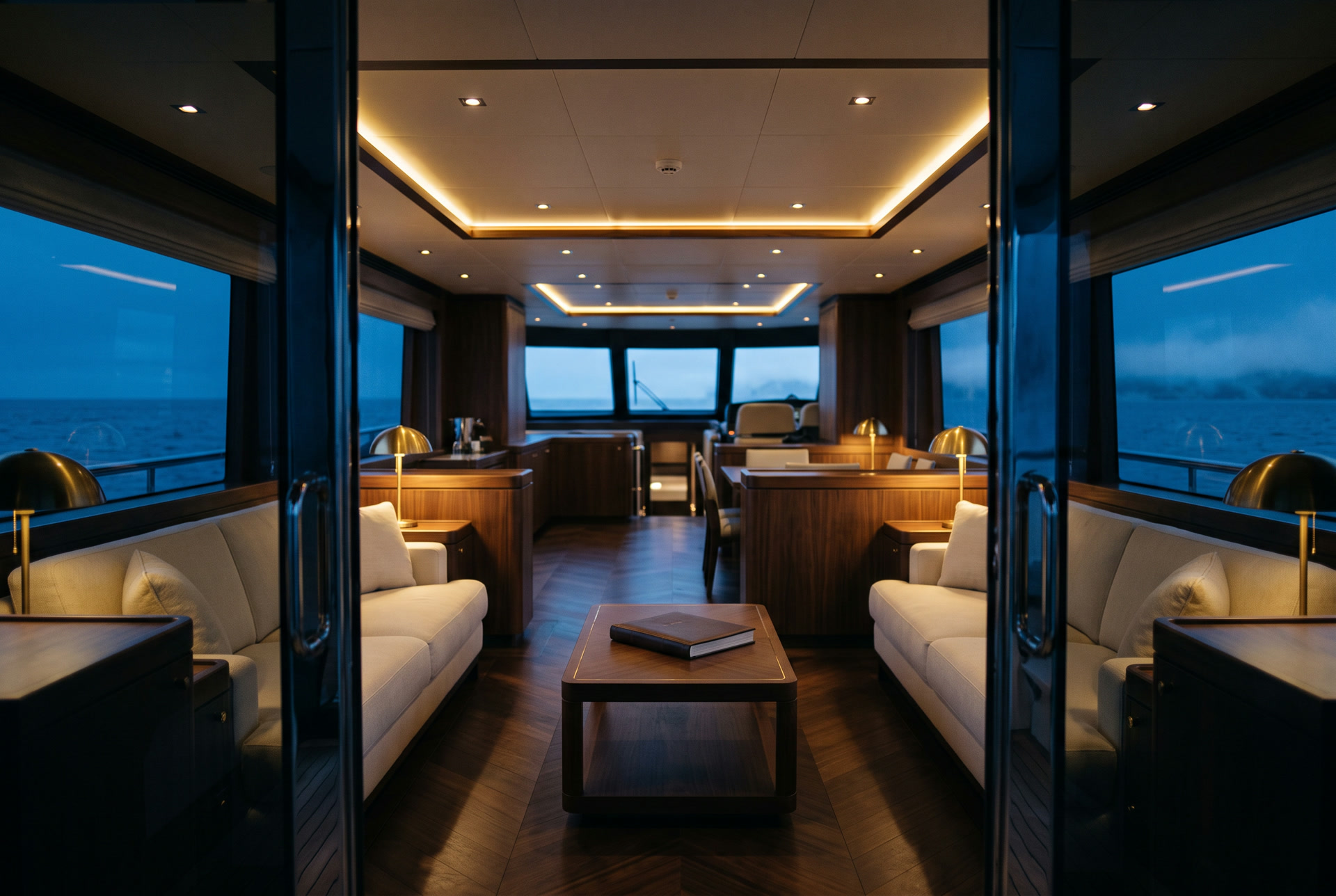 The open salon of a yacht at dusk, warm lamplight over cream sofas